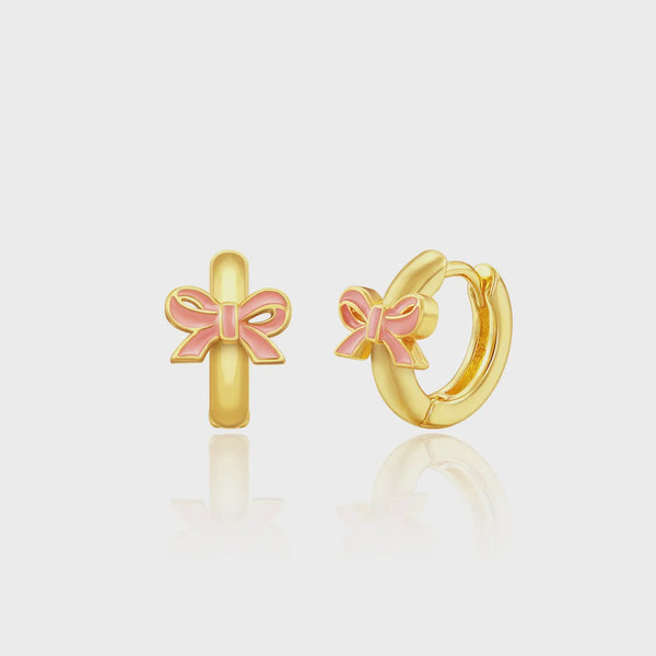 PINK BOW EARLETS 18K GOLD PLATED GIRLS HUGGIE EARRINGS