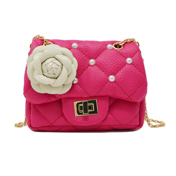 Zomi Gems mini purse, Fuschia quilted, pearl and rose detail, cross body gold chain 