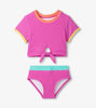 2PC ROSE VIOLET SHORT SLEEVE TANKINI SET SWIMSUIT