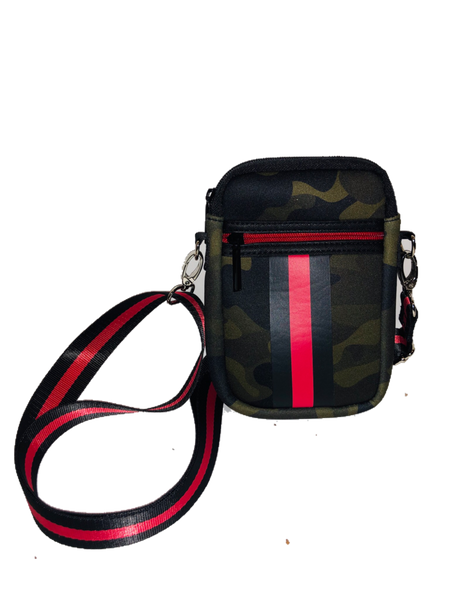 CASEY CELL PHONE BAG GREEN CAMO WITH RED AND BLACK STRIPE