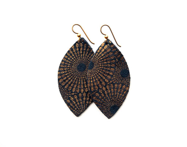 EARRINGS STARBURST BLUE AND BRONZE LEATHER SMALL