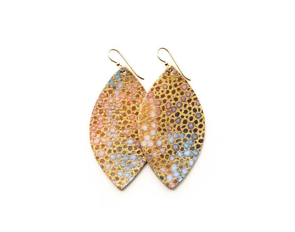 EARRINGS GOLD WITH BLUE SPECKLED LEATHER LARGE