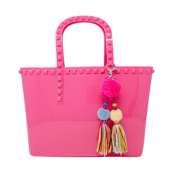 JUMBO JELLY TOTE BAG WITH TASSEL KEYCHAIN / HOT PINK