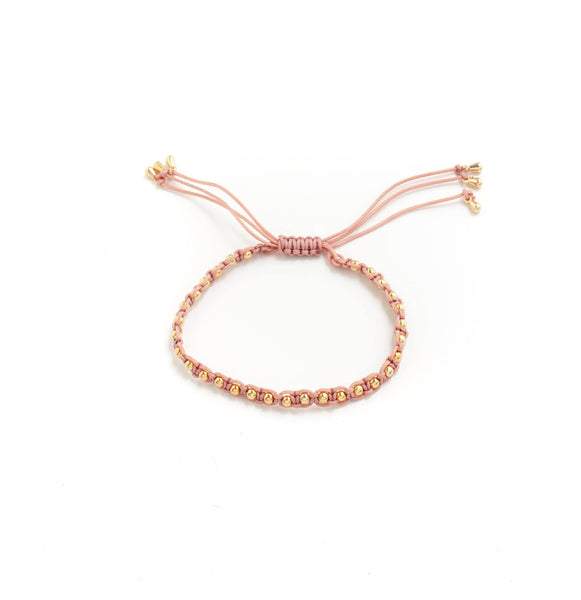 BRACELET ROSE WOVEN GOLD ROUNDED BEADS WITH ADJUSTABLE TIE